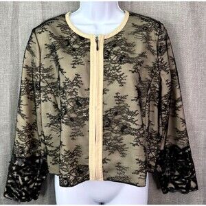 Chico's Black Label Lace Overlay Moto Jacket Faux Leather Cutwork Sleeves Size 1